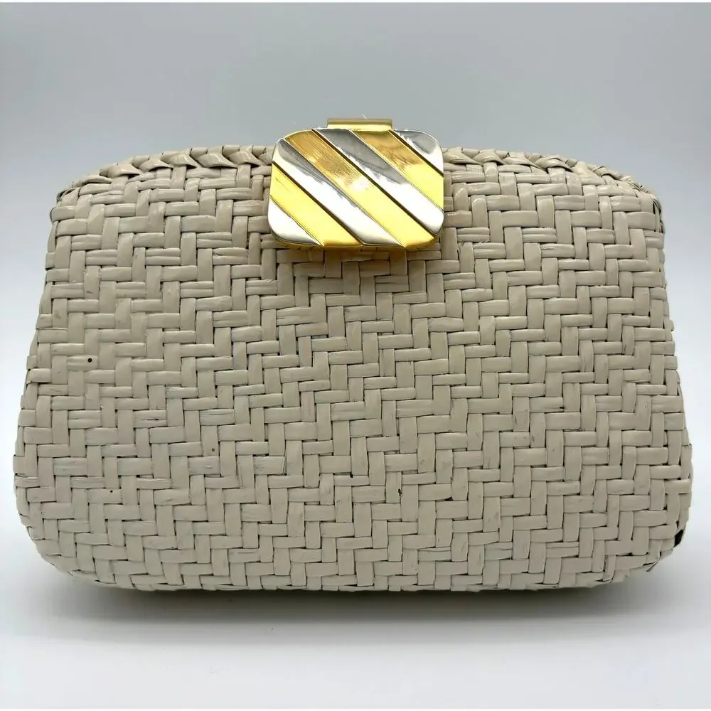 Rodo Italy Woven Cane Leather Box Clutch Ivory Gold Tone Vintage Bag